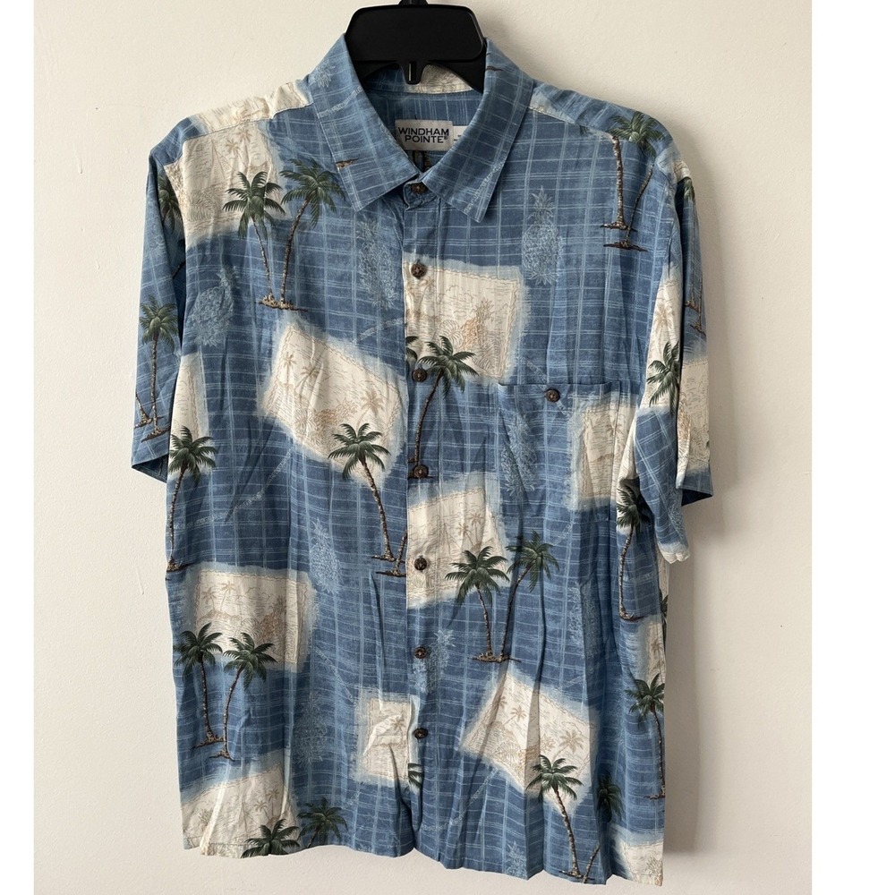 Men's Hawaiian Shirt Large Short Sleeve Blue Tropical Palm Tree Pineapples